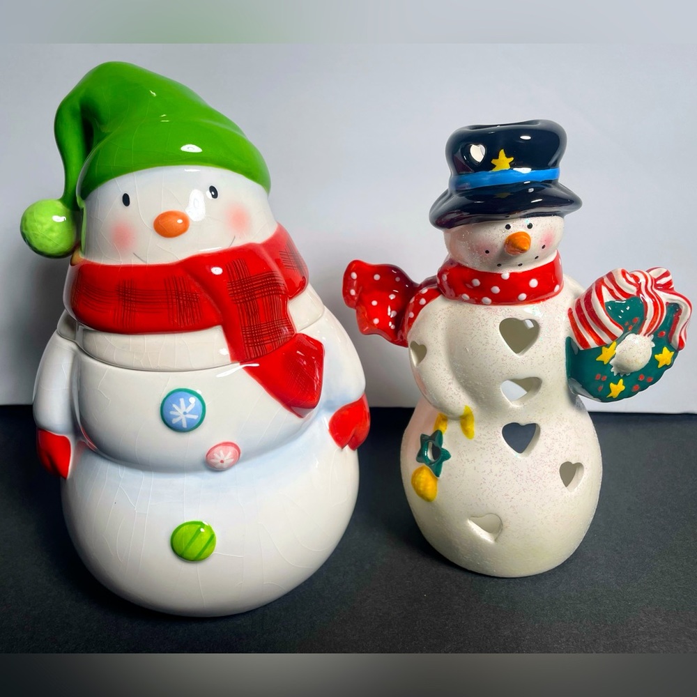 Vintage Hallmark Christmas Snowman Luminary Candle Holder & Snowman Jar
